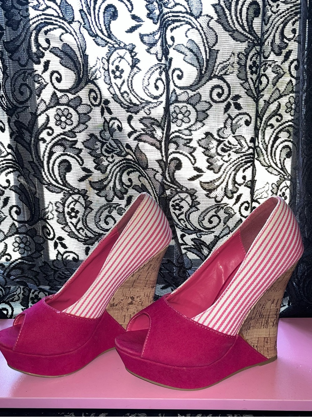 Liliana Hot Pink Striped Cork Wedge Peep-Toe Heels